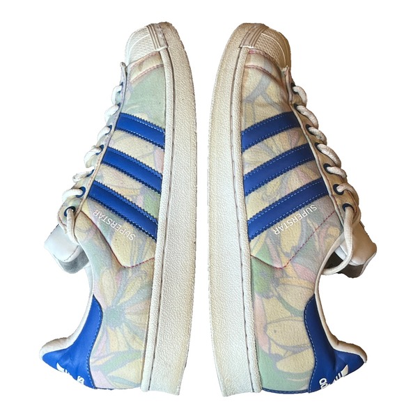 Adidas Superstar Trainers Blue White Floral Fabric Womens 10 UK 8.5 EU 42  2/3